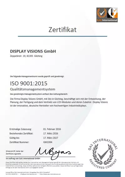 Certified quality management system according to ISO 9001:2015