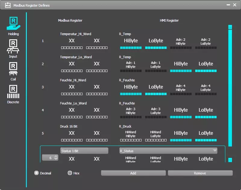 Modbus Register Holding, Input, Coil, Discrete Modbus Register Holding, Input, Coil, Discrete