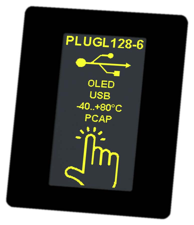 Interactive HMI display as OLED with USB, RS232, I²C and SPI. Including touch panel PCAP