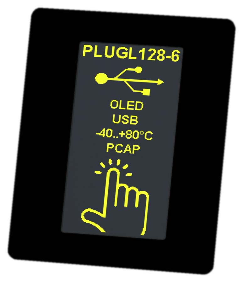 HMI as OLED with USB, RS232, I²C and SPI. Including touch panel PCAP